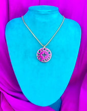 Load image into Gallery viewer, Repurposed Large  Louis Vuitton Lime Green &amp; Magenta Logo Cut~Out Necklace