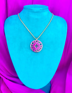 Repurposed Large  Louis Vuitton Lime Green & Magenta Logo Cut~Out Necklace