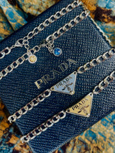 Load image into Gallery viewer, Repurposed Icy Blue &amp; Silver PRADA Tag Hardware Necklace