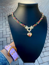 Load image into Gallery viewer, Repurposed Hot Pink &amp; Gold Louis Vuitton Puffy Heart Crystal Leopard Pavè Necklace