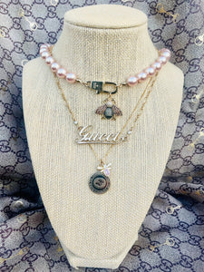 Repurposed Gucci Cursive Charm & Removable Crystal Pavè Bee Necklace