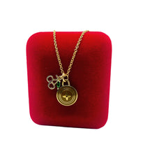 Load image into Gallery viewer, Repurposed Louis Vuitton Gold &amp; Café Signature Flower Coin &amp; Cherry Charm Necklace