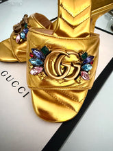 Load image into Gallery viewer, Repurposed Gucci Tag Multicolored Heart Crystal Carabiner Necklace/Gold Tone Chain Included