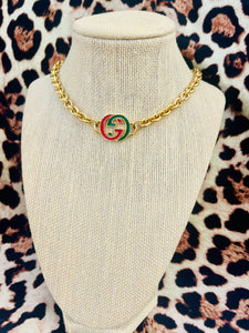 *Rare* Repurposed Interlocking GG Red & Green Enameled Charm Necklace