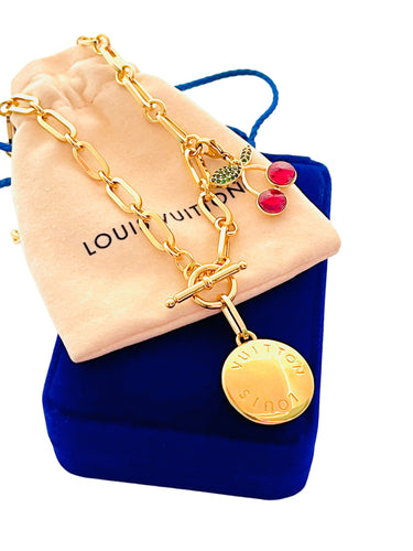 Repurposed Large Louis Vuitton Disc & Removable 🍒 Crystal Charm Necklace