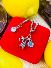 Load image into Gallery viewer, Repurposed Navy Blue &amp; Silver Tone Louis Vuitton Eiffel Tower Travel Necklace