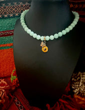 Load image into Gallery viewer, Repurposed Silver &amp; Yellow Louis Vuitton Coin Hand Beaded Amazonite Necklace