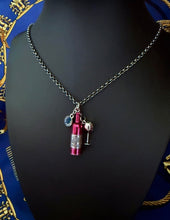 Load image into Gallery viewer, Repurposed Navy Blue &amp; Silver Tone Louis Vuitton Charm &amp; Red Wine/Glass Necklace