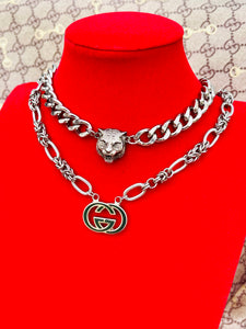 1990’s Repurposed Gucci Foster Green & Silver Tone Interlocking GG Charm Necklace
