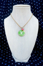 Load image into Gallery viewer, Large Repurposed Louis Vuitton Trunks &amp; Bags Green~Gold Reversible Strawberry Shortcake Necklace