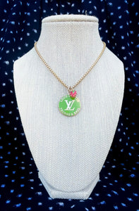 Large Repurposed Louis Vuitton Trunks & Bags Green~Gold Reversible Strawberry Shortcake Necklace