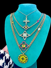 Load image into Gallery viewer, Repurposed Large  Louis Vuitton Lime Green &amp; Magenta Logo Cut~Out Necklace