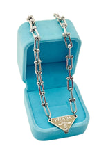 Load image into Gallery viewer, Repurposed Beige &amp; Silver PRADA Tag Hardware Necklace