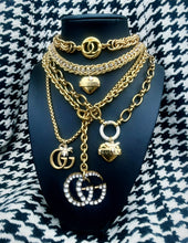 Load image into Gallery viewer, Repurposed Gucci Tag Vintage Heart Crystal Carabiner Necklace