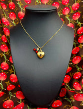 Load image into Gallery viewer, Medium Repurposed Louis Vuitton Black &amp; Gold Signature Logo Puffy Heart Charm &amp; 🍒 Necklace