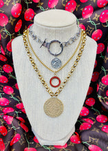 Load image into Gallery viewer, Repurposed Red &amp; Gold Louis Vuitton Trunks &amp; Bags Disc Necklace