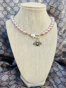 Repurposed Gucci KeyClasp & Crystal Bee Champagne Pearl like Vintage Necklace