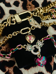 Repurposed Louis Vuitton Puffy Heart Charm Leopard Crystal Pavè Necklace