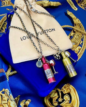 Load image into Gallery viewer, Repurposed Navy Blue &amp; Silver Tone Louis Vuitton Charm &amp; Red Wine/Glass Necklace