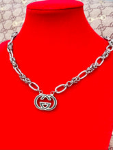 Load image into Gallery viewer, 1990’s Repurposed Gucci Foster Green &amp; Silver Tone Interlocking GG Charm Necklace