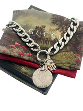 Load image into Gallery viewer, Repurposed *Rare* Gucci Knight Coin  &amp; Crystal Bee Carabiner Necklace