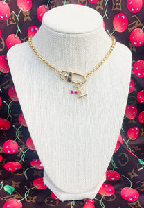 Repurposed Louis Vuitton Puffy V Logo Charm & Heart Shaped Cerises KeyClap Necklace