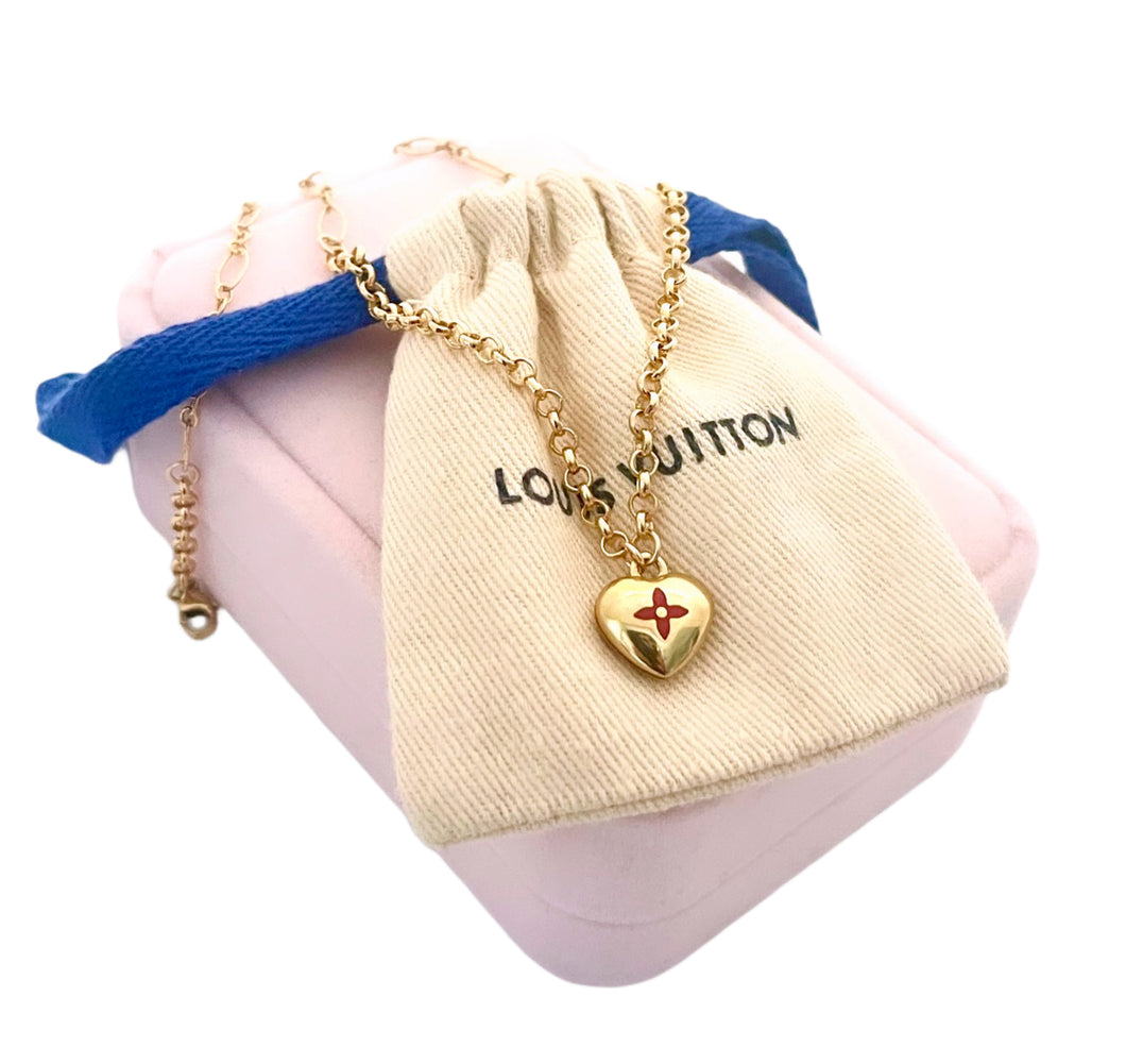 Small Repurposed Louis Vuitton Pink & Gold Flower Charm Asymmetrical Chain Necklace