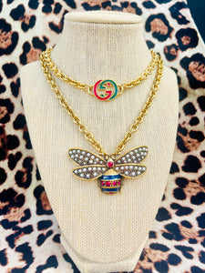 *Rare* Repurposed Interlocking GG Red & Green Enameled Charm Necklace