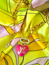 Load image into Gallery viewer, Repurposed Large Louis Vuitton Hot Pink &amp; Gold Reversible Puffy Heart Charm Lollipop Necklace