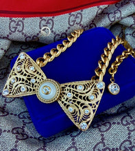Load image into Gallery viewer, *One of a Kind* Repurposed Gucci Pearl Button &amp; Vintage Bow Brooch/Necklace