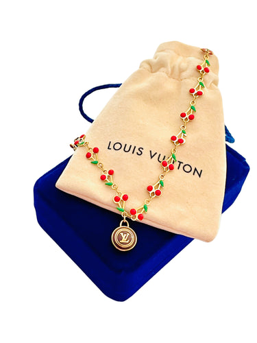 Repurposed Louis Vuitton Signature Logo Charm & 🍒 Chain Necklace