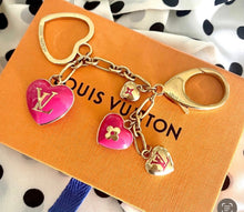 Load image into Gallery viewer, Repurposed Large Louis Vuitton Hot Pink &amp; Gold Reversible Puffy Heart Charm Lollipop Necklace