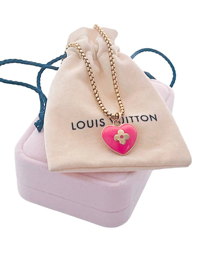 Medium Repurposed Gold & Pink Enameled Louis Vuitton Heart Charm Necklace