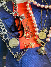 Load image into Gallery viewer, Repurposed Black Resin Gucci Cursive G Charm &amp; Removable Crystal Pavè Bee Necklace