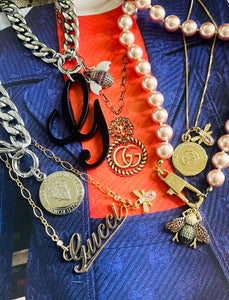Repurposed Black Resin Gucci Cursive G Charm & Removable Crystal Pavè Bee Necklace
