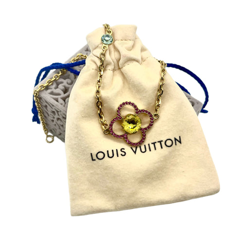 Repurposed Louis Vuitton Magenta & Lime Green Signature Flower Necklace