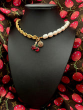 Load image into Gallery viewer, Repurposed Louis Vuitton Gold &amp; Cafè Coin Asymmetrical Freshwater Pearl Necklace