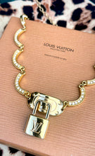Load image into Gallery viewer, Repurposed Louis Vuitton Padlock White &amp; Vintage Crystal Pavè Scallop Necklace
