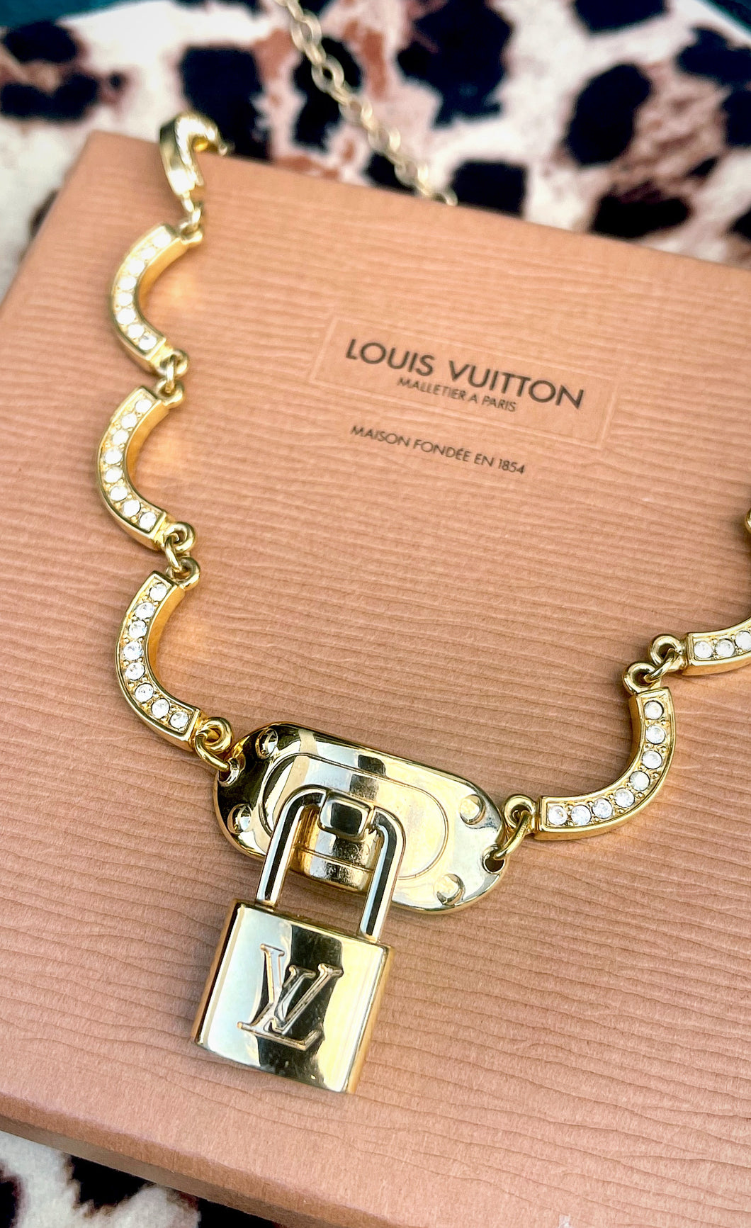 Repurposed Louis Vuitton Padlock White & Vintage Crystal Pavè Scallop Necklace