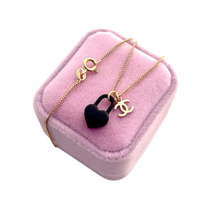 Repurposed Mini Gold Tone CC Charm & Black Heart Lock Necklace