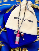 Load image into Gallery viewer, Repurposed Navy Blue &amp; Silver Tone Louis Vuitton Charm &amp; Red Wine/Glass Necklace