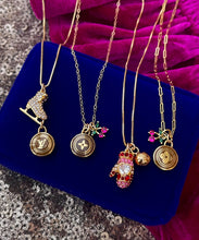 Load image into Gallery viewer, Repurposed Louis Vuitton Coin &amp; Crystal Ice Skate Charm Necklace