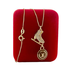 Repurposed Louis Vuitton Coin & Crystal Ice Skate Charm Necklace