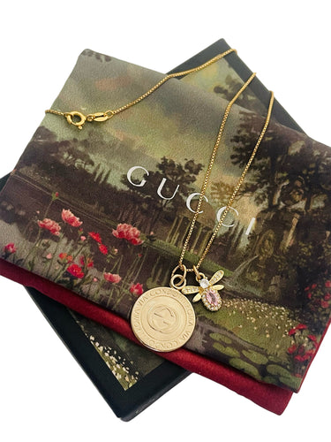 Repurposed Interlocking GG Gucci Coin & Removable Crystal Bee Charm Necklace