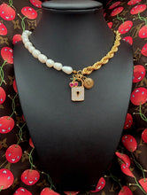 Load image into Gallery viewer, Repurposed Louis Vuitton Gold &amp; Cafè Coin Asymmetrical Freshwater Pearl Necklace