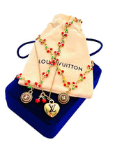 Load image into Gallery viewer, Medium Repurposed Louis Vuitton Black &amp; Gold Signature Logo Puffy Heart Charm &amp; 🍒 Necklace