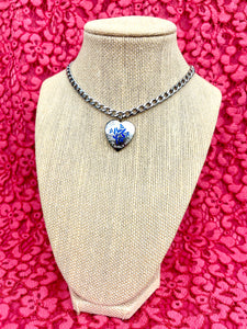 Repurposed 1980’s Vintage CC “Ne M’oublie Pas” Blue Enameled Heart Charm Necklace