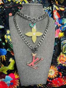 X~Large Repurposed Louis Vuitton Light Yellow & Silver Flower Charm Necklace