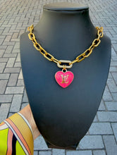 Load image into Gallery viewer, Repurposed Large Louis Vuitton Hot Pink &amp; Gold Reversible Puffy Heart Charm Lollipop Necklace