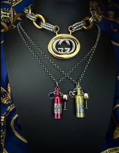 Load image into Gallery viewer, Repurposed Navy Blue &amp; Silver Tone Louis Vuitton Charm &amp; Red Wine/Glass Necklace
